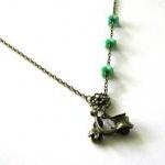 Antiqued Bronze Scooter Necklace With Aqua Green..