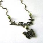 Bronze Sparrows And Butterfly Necklace Jewelry..