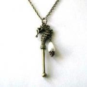 Bronze seahorse with white teardrop pearl necklace jewelry