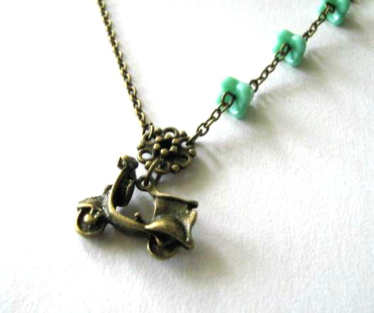 Antiqued Bronze Scooter Necklace With Aqua Green Flowers - Vespa Necklace Jewelry