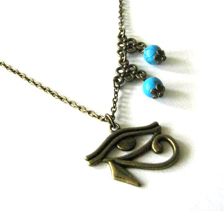 Egyptian Style Necklace Eye Of Horus Antiqued Bronze With Howlite Turquoise Beads