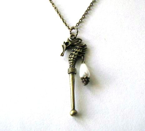 Bronze Seahorse With White Teardrop Pearl Necklace Jewelry