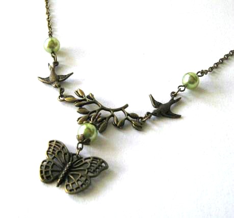 Bronze Sparrows And Butterfly Necklace Jewelry With Light Olive Green Pearls